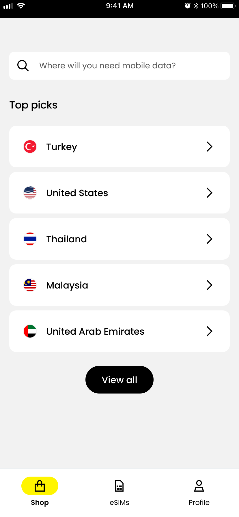 Sailyの国選択画面 — Top picks: US, Thailand, Japanなどが表示