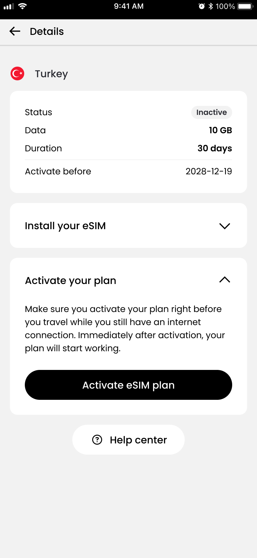 Sailyのプラン詳細画面 — 10GB/30日プランのActivate eSIM planボタン
