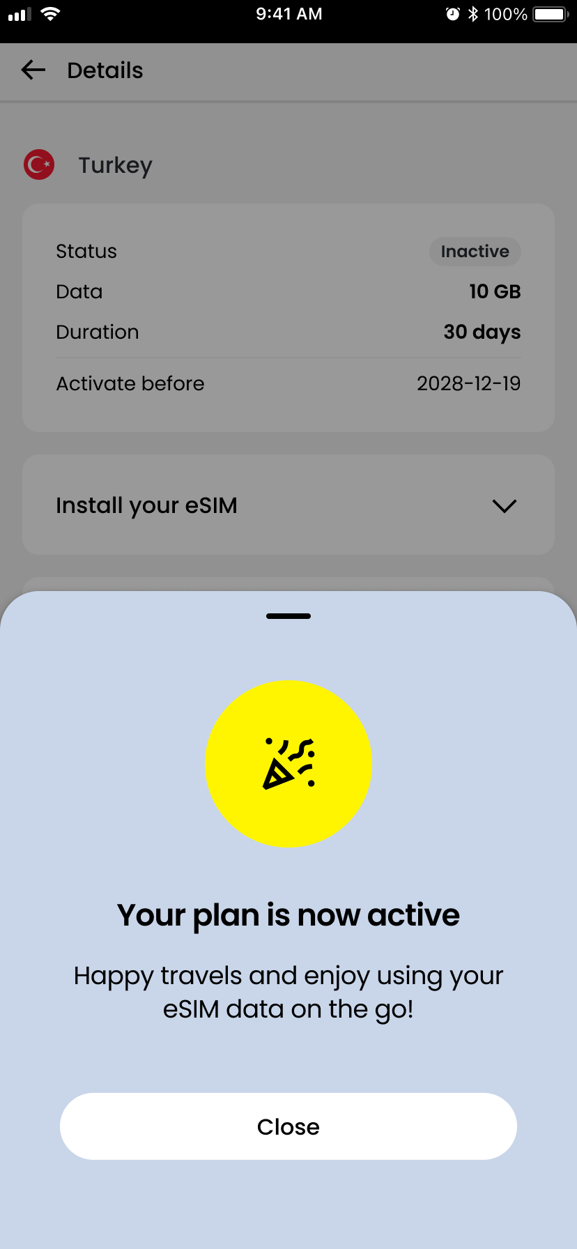Sailyの開通成功画面「Your plan is now active」